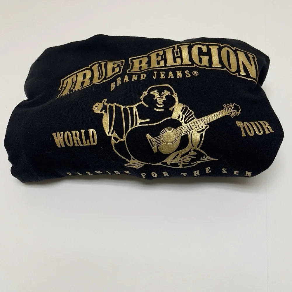 True Religion‎ Jacket Hoodie Men Medium Black Metallic Gold Double Puff Full Zip